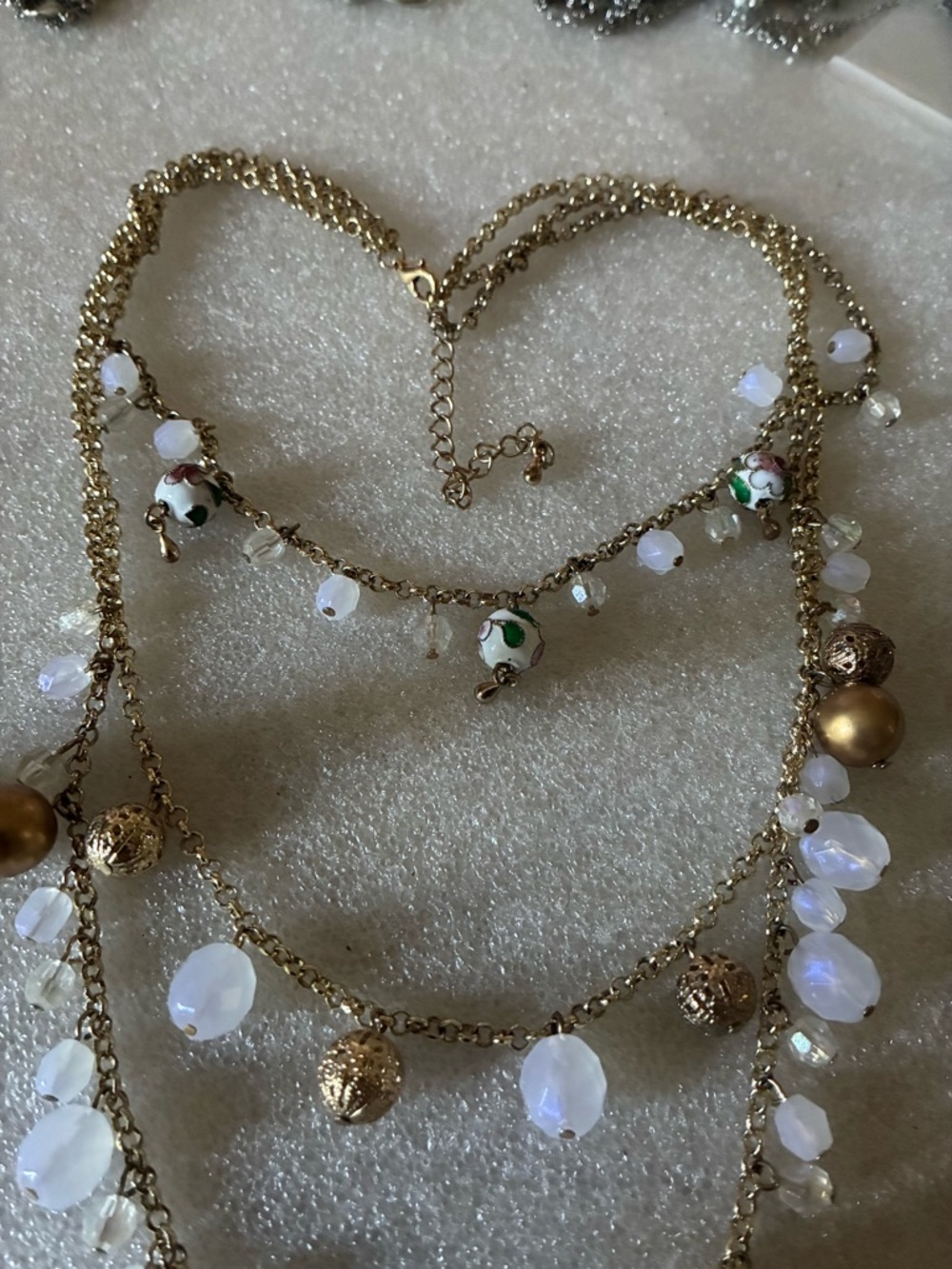 Gold-Tone Multi-Strand Necklace with White Beads and Cloisonné Accents Asian